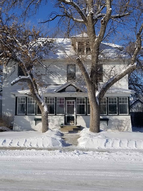 a white house with two trees in the snow