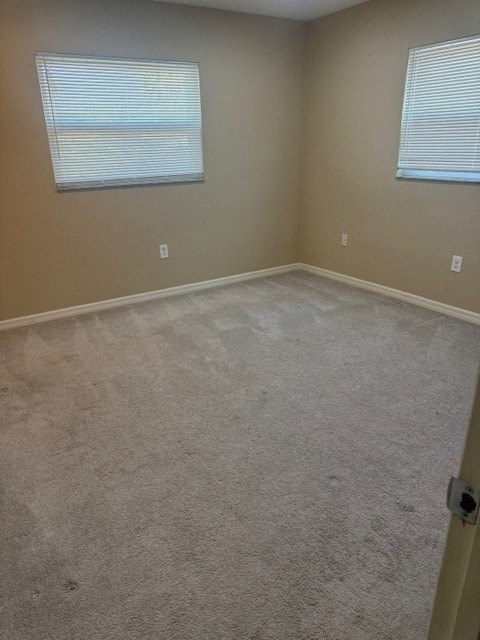 A room with a carpeted floor and two windows.