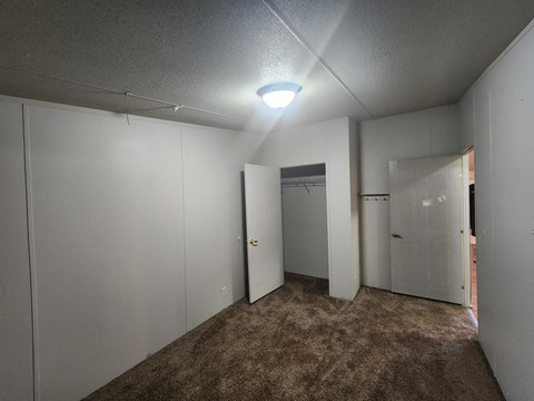 a bedroom with white closets and a carpeted floor and a door to a