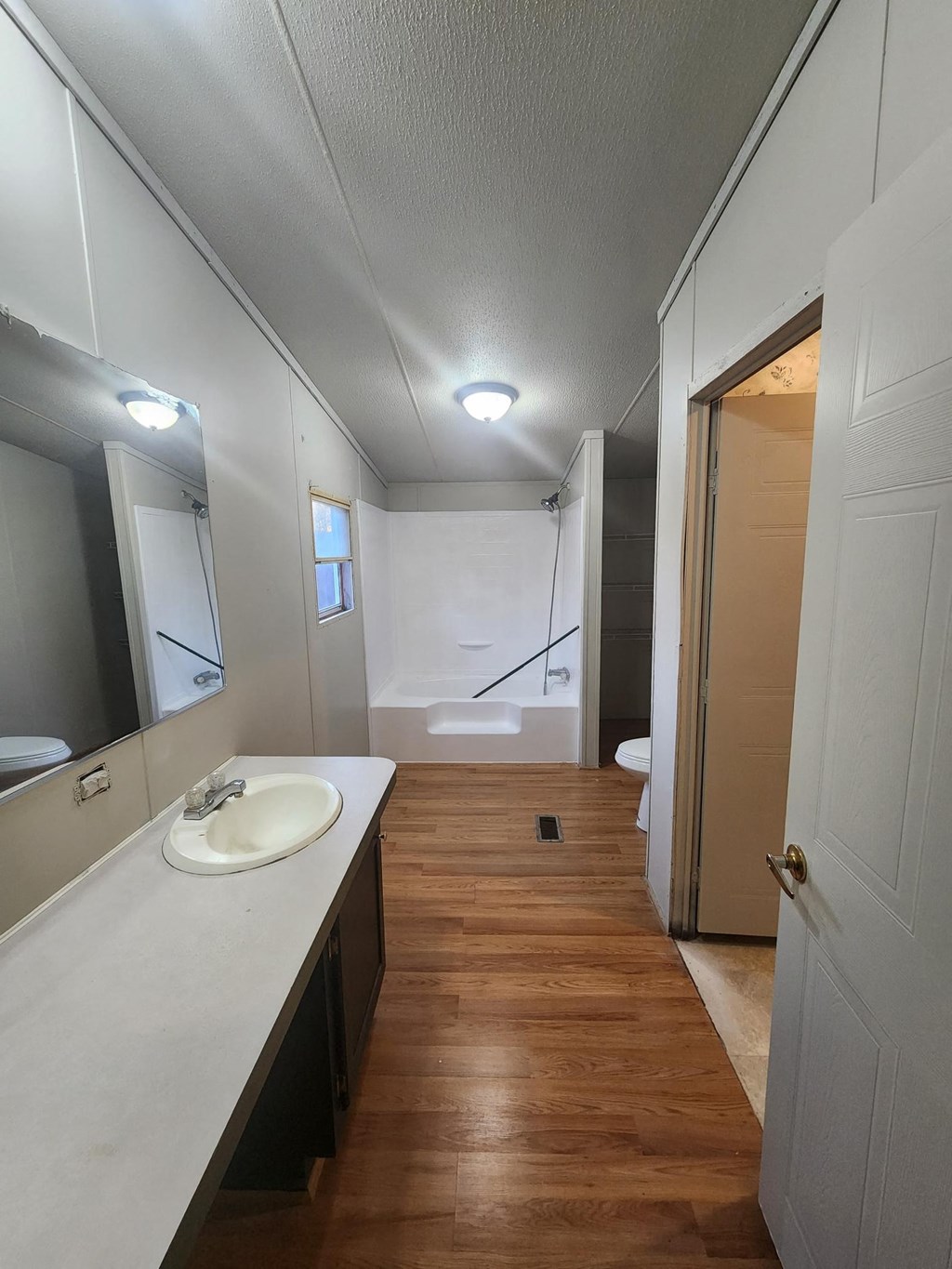 a bathroom with a sink and a mirror and a shower
