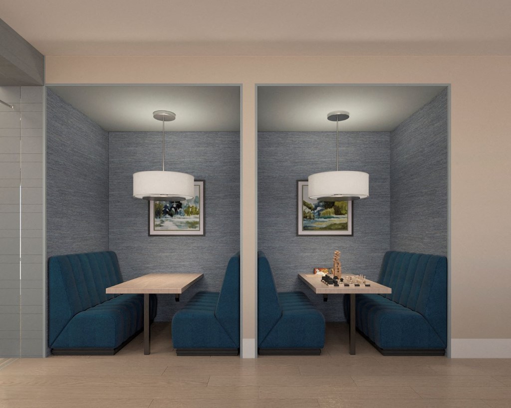 a rendering of a dining room with two blue chairs and a table