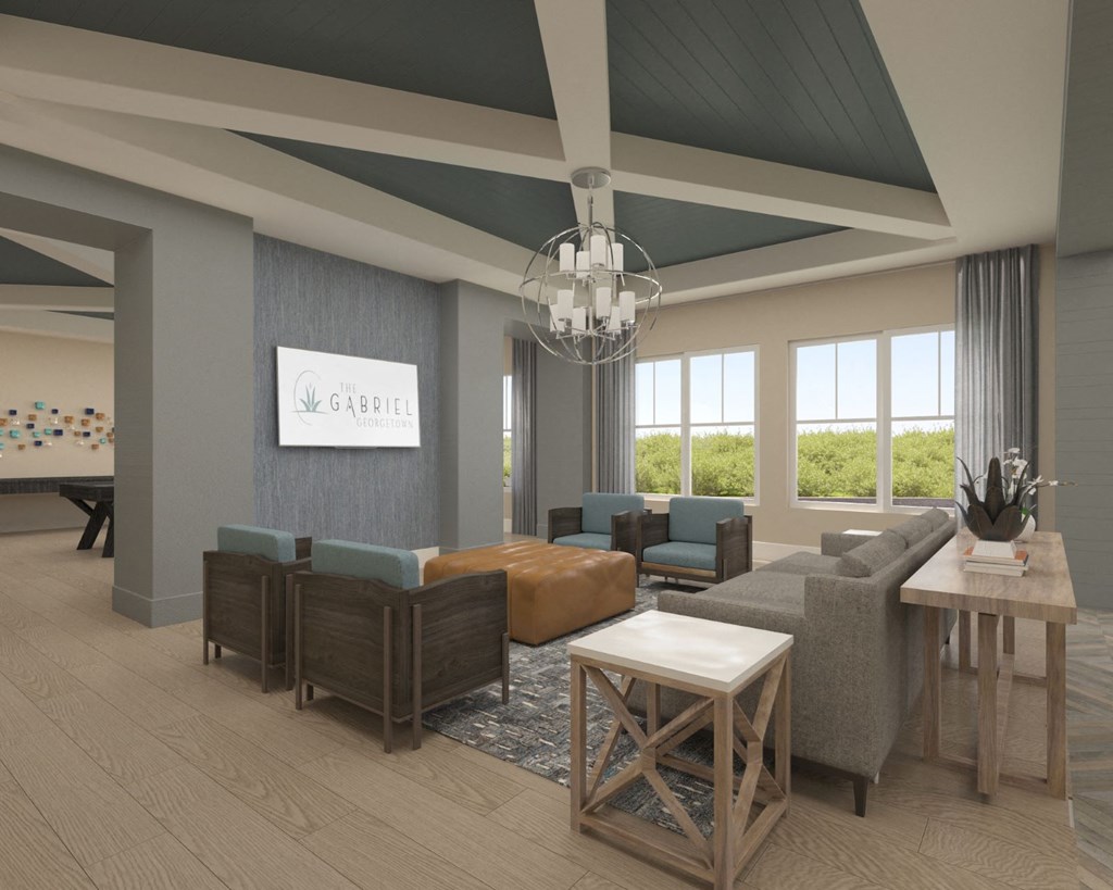 a rendering of a living room with couches and a table