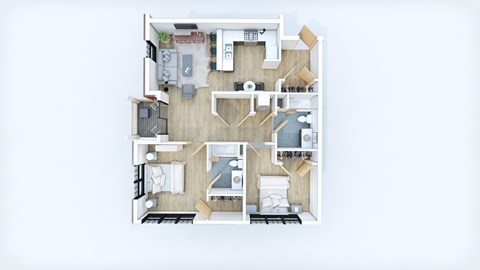 A floor plan of a house with a kitchen, living room, and two bedrooms.