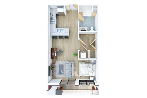 A top down view of a small apartment with a kitchen, living room and bedroom.