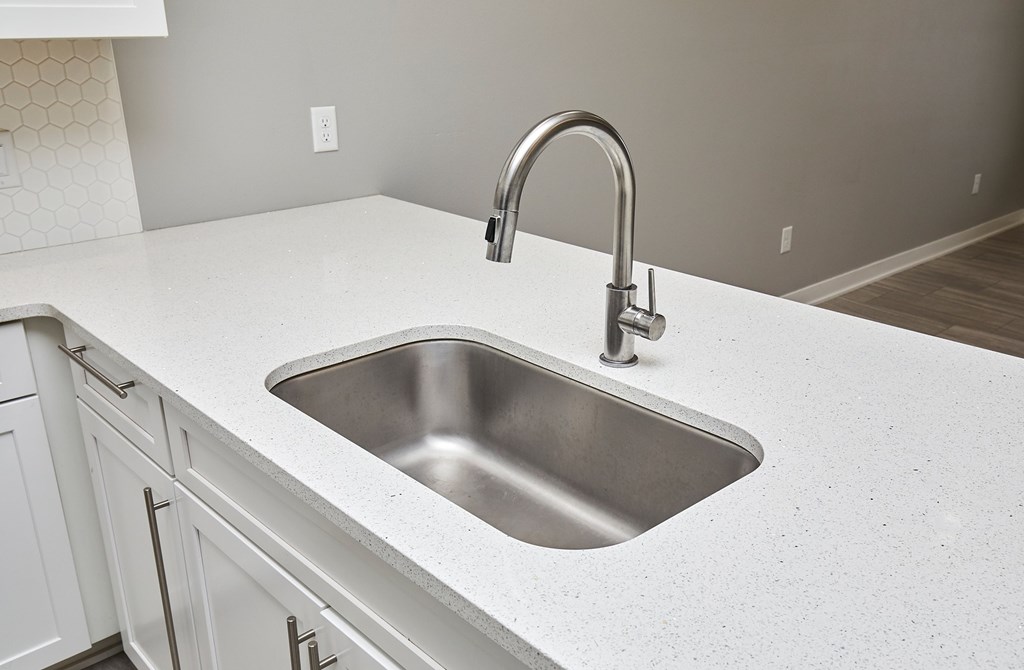 A kitchen sink with a chrome faucet.