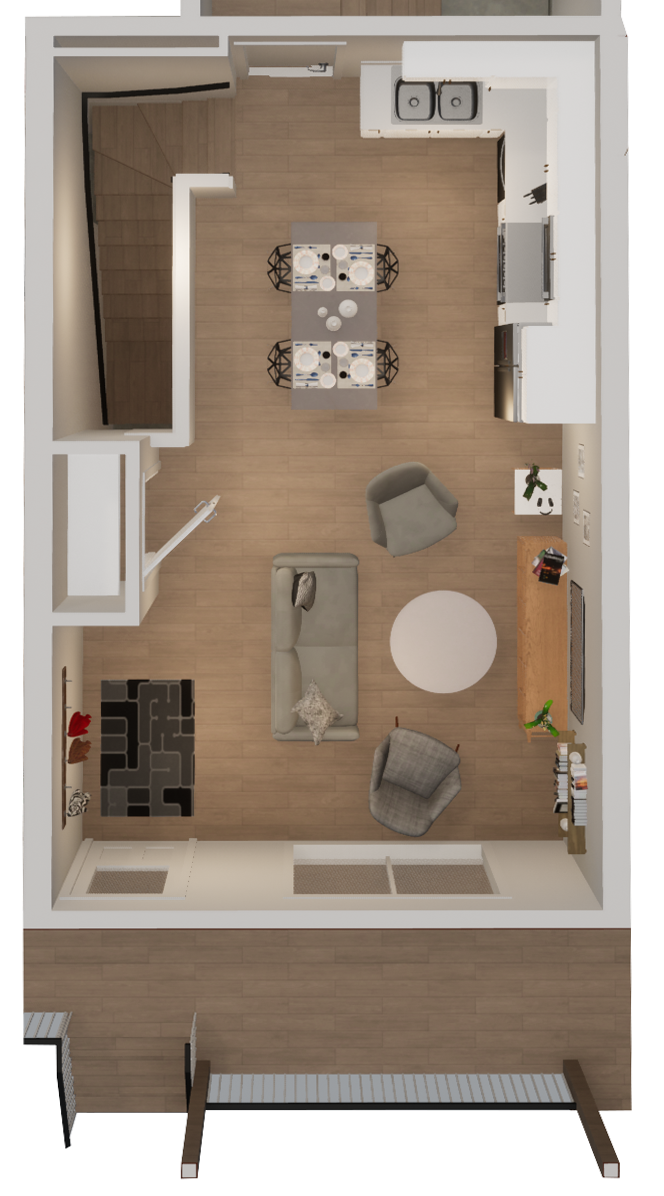 a stylized floor plan of a studio apartment