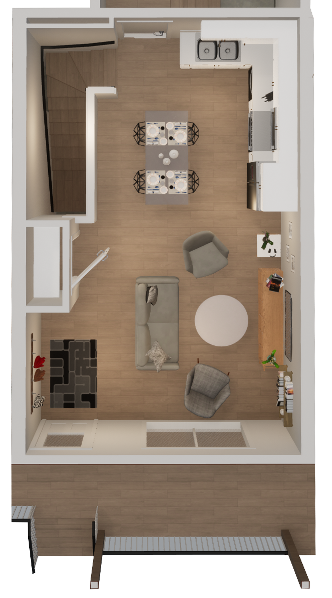 a stylized floor plan of a studio apartment