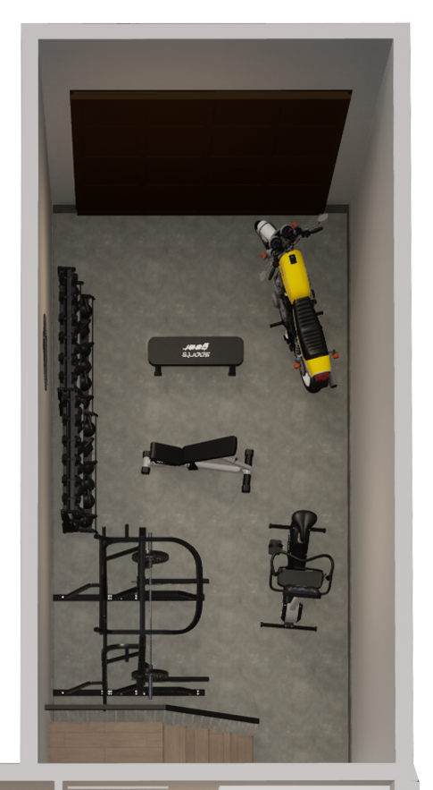 a room with a motor scooter and other equipment on the floor