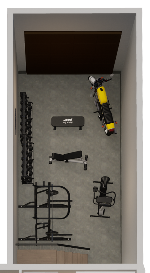 a room with a motor scooter and other equipment on the floor