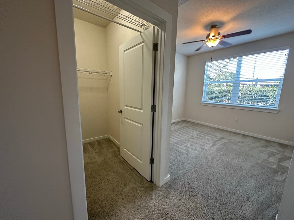 an empty bedroom with a ceiling fan and a window