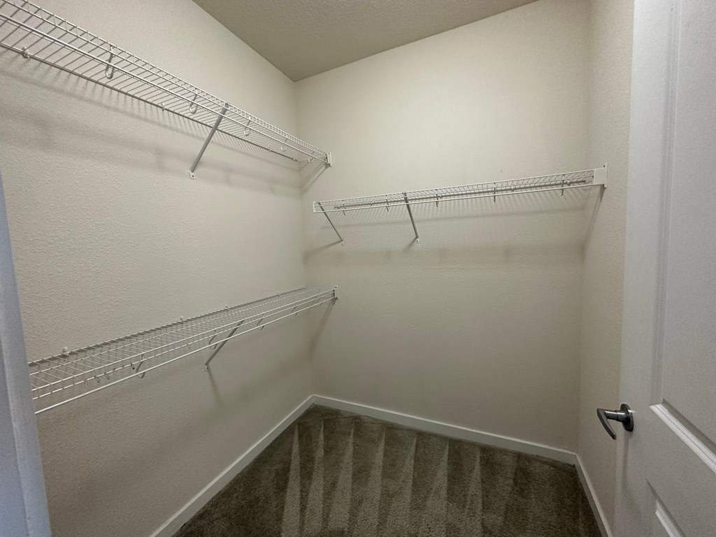 a spacious walk in closet with shelves and a door