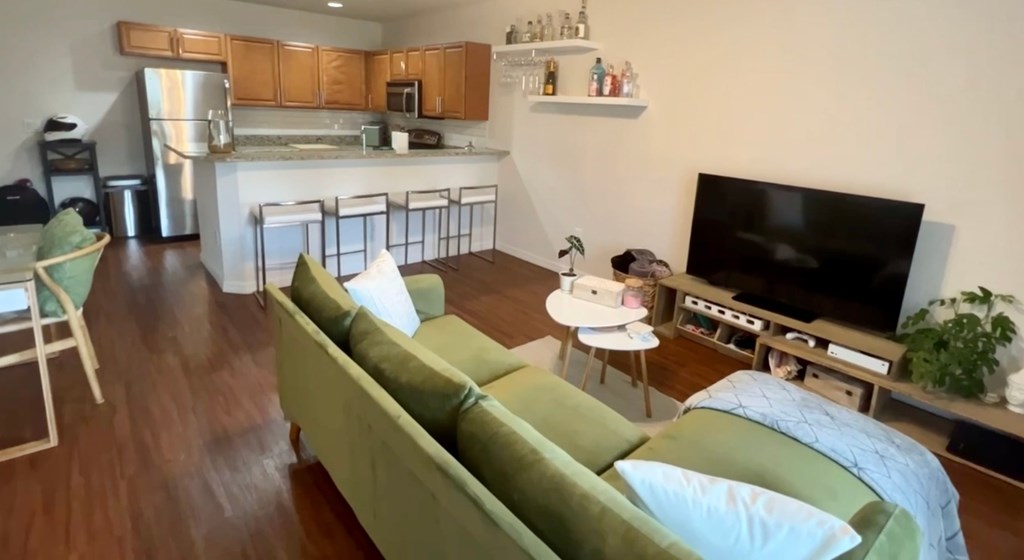 a living room and kitchen with a couch and a tv