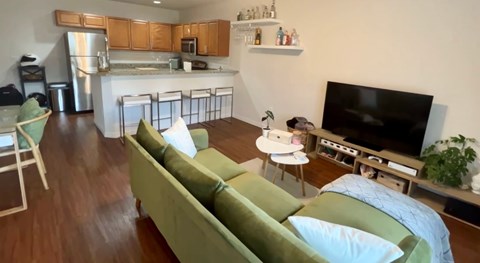 a living room and kitchen with a couch and a tv