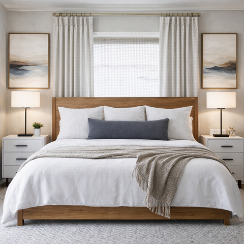 A bedroom with a large bed, two lamps, and two framed pictures on the wall.