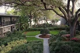 a yard with a path and trees and a building
