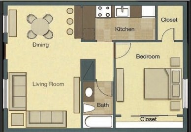 A floor plan of a small apartment with a living room, dining area, kitchen, bedroom, bathroom, and closet.