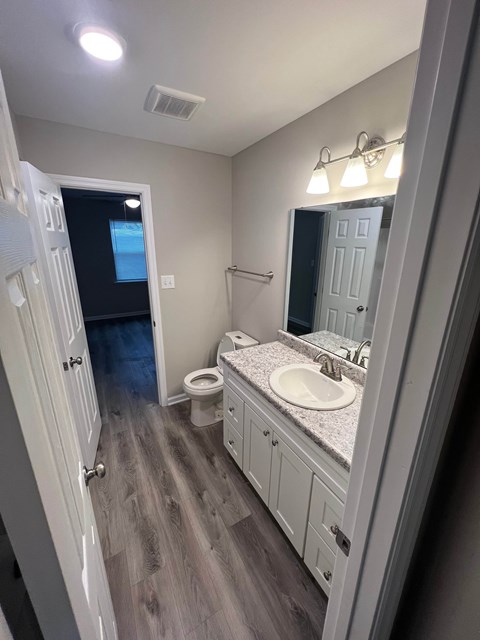A bathroom with a toilet, sink, and mirror.