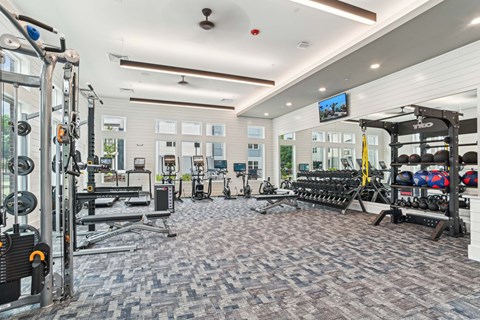 A gym with a variety of equipment including a squat rack, bench, and weights.