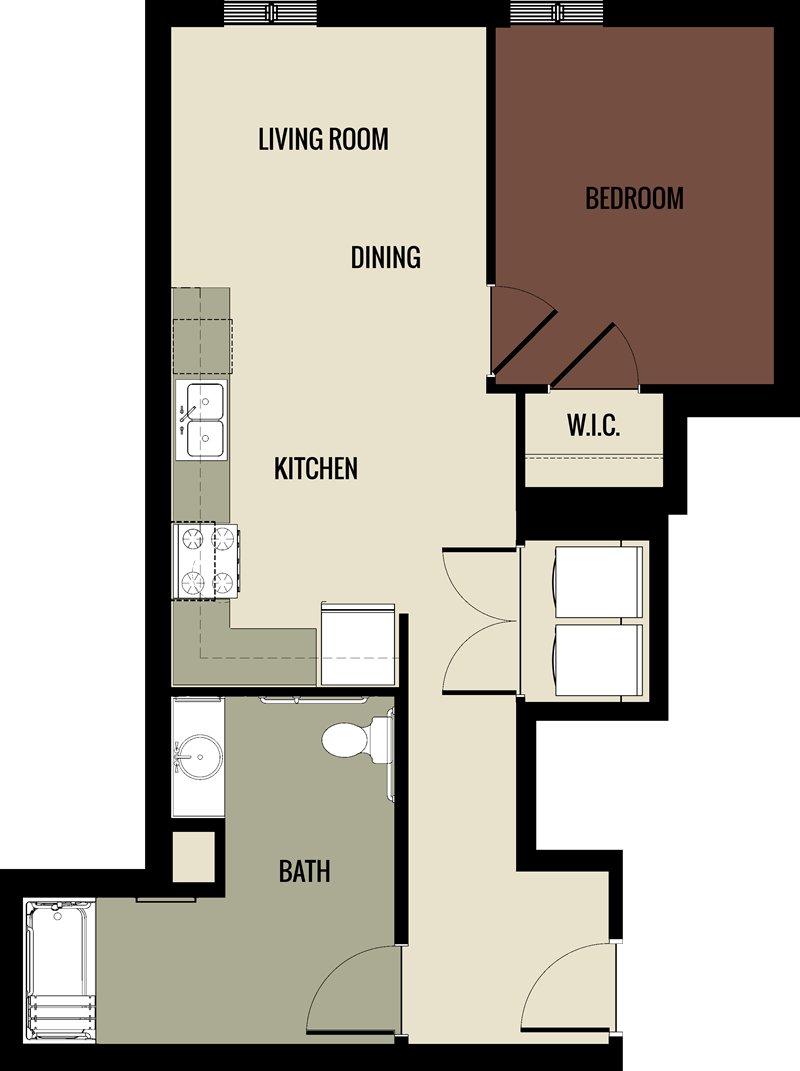 1x1 531-635 square foot floor plan at Historic Walnut Square in Terre Haute, IN
