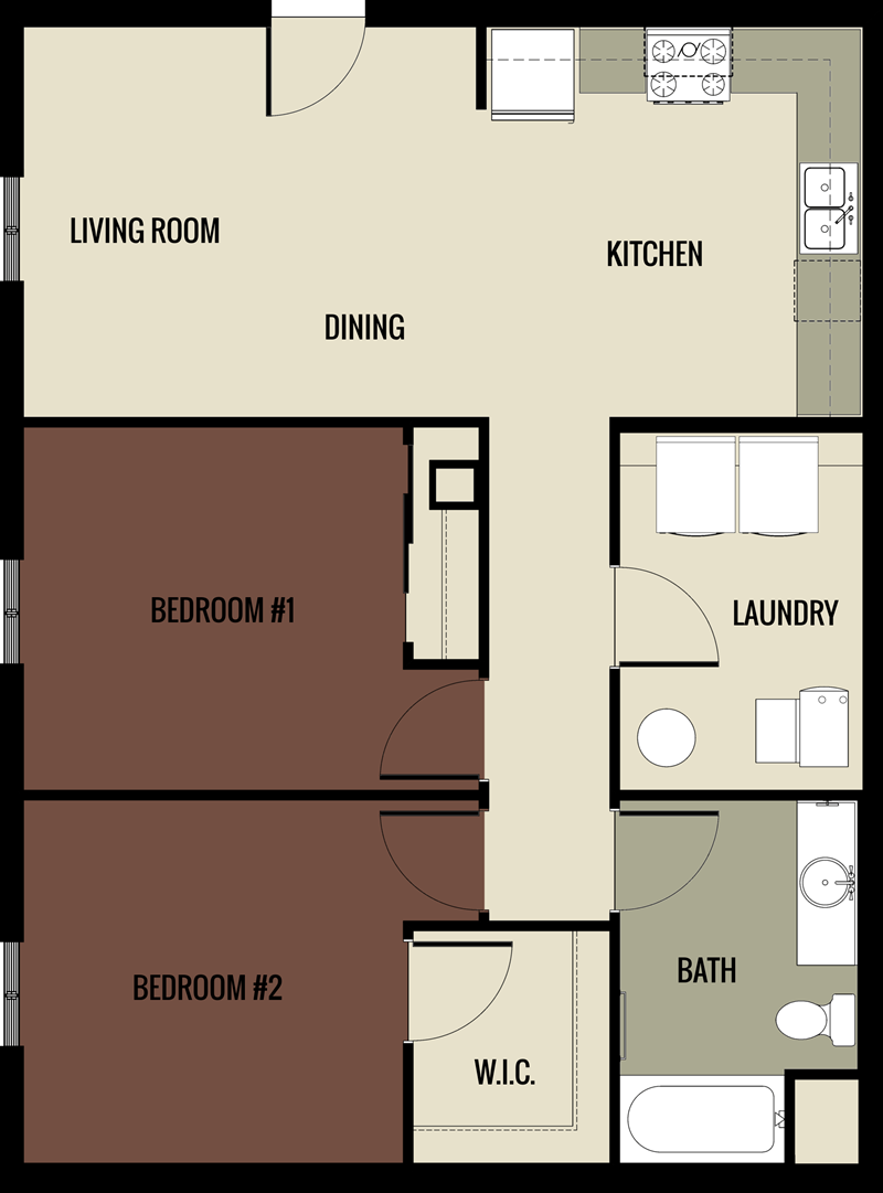 2x1 694-1,194 square foot floor plan at Historic Walnut Square Apartments in Terre Haute, IN