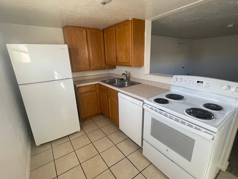 A white refrigerator and stove in a kitchen with wooden cabinets.