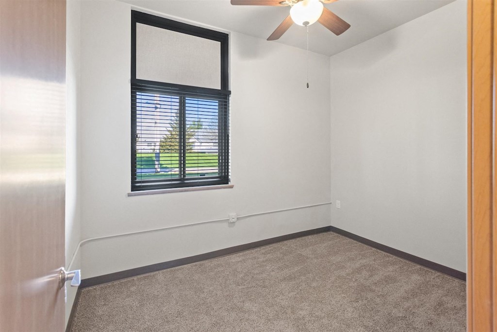 a bedroom with plush carpeting, a window, and an illuminated ceiling fan