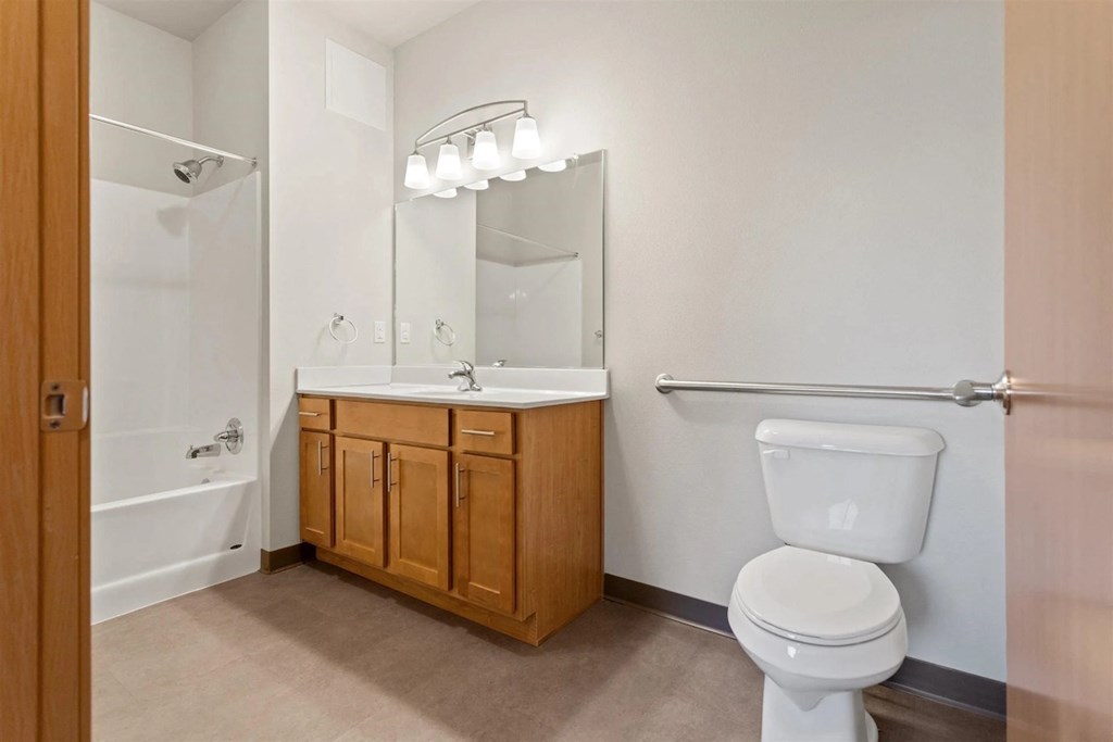 a bathroom with a sink vanity with mirror and lights, a toilet, and a shower/tub