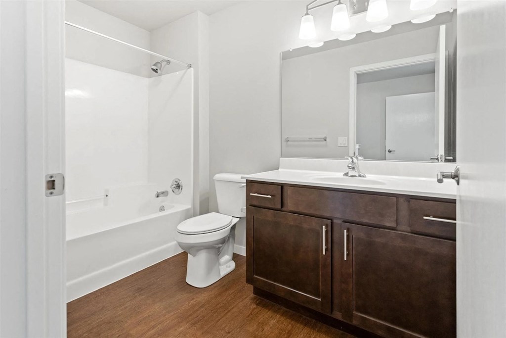 a bathroom with a large sink vanity and mirror, toilet, and shower/tub 