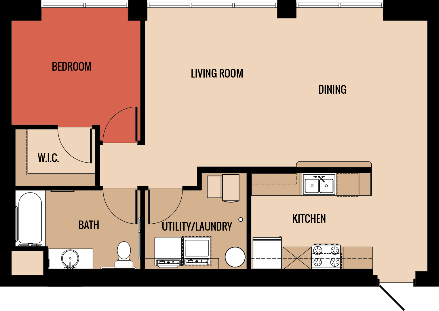 1x1 815 square foot floor plan at Muskego School Apartments