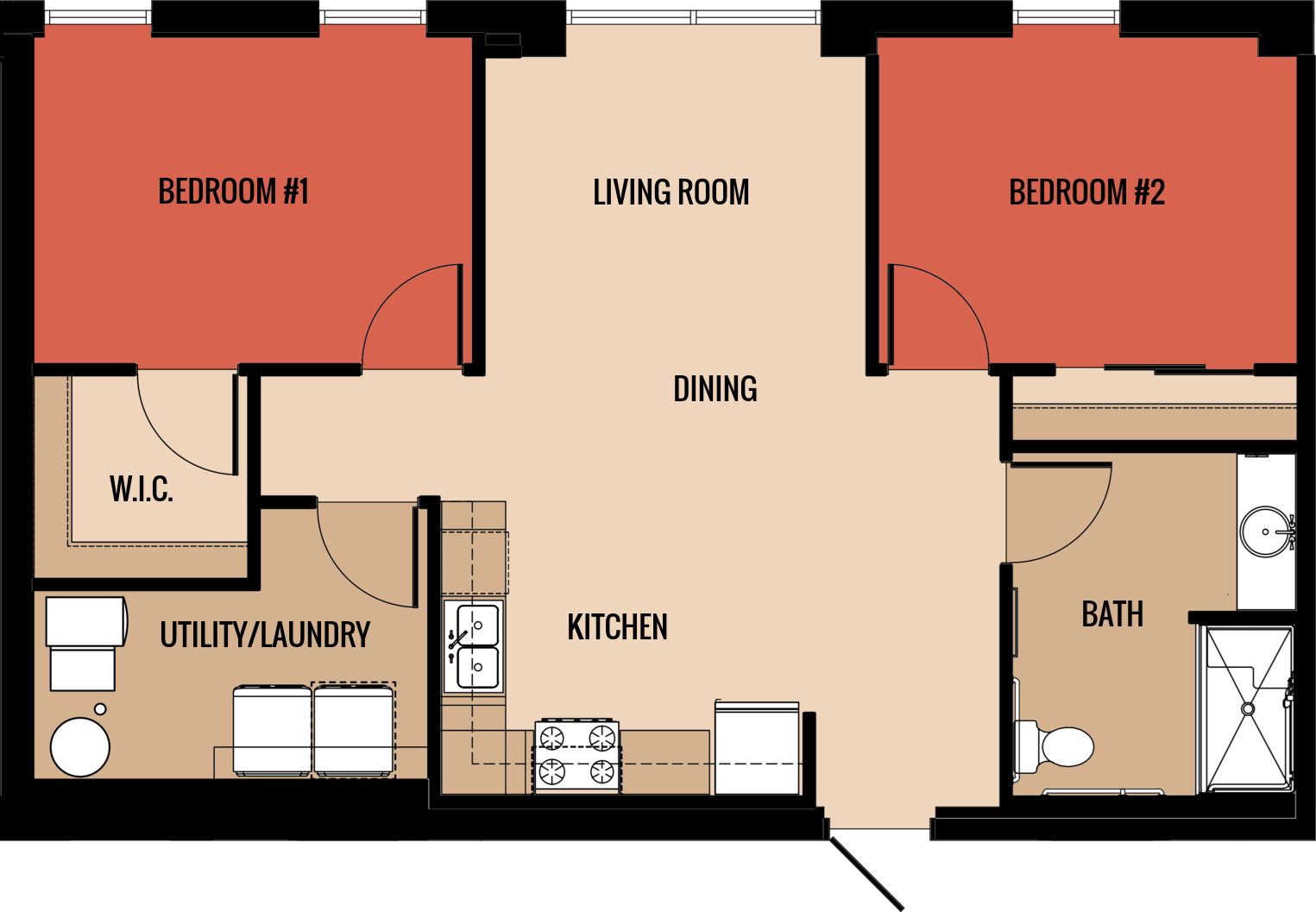 2x1 969 square foot floor plan at Muskego School Apartments