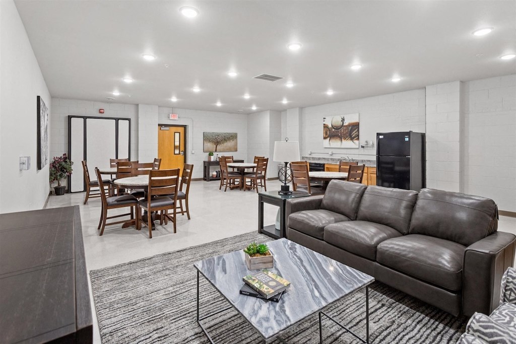 The community room at Muskego School with ample seating and a kitchenette