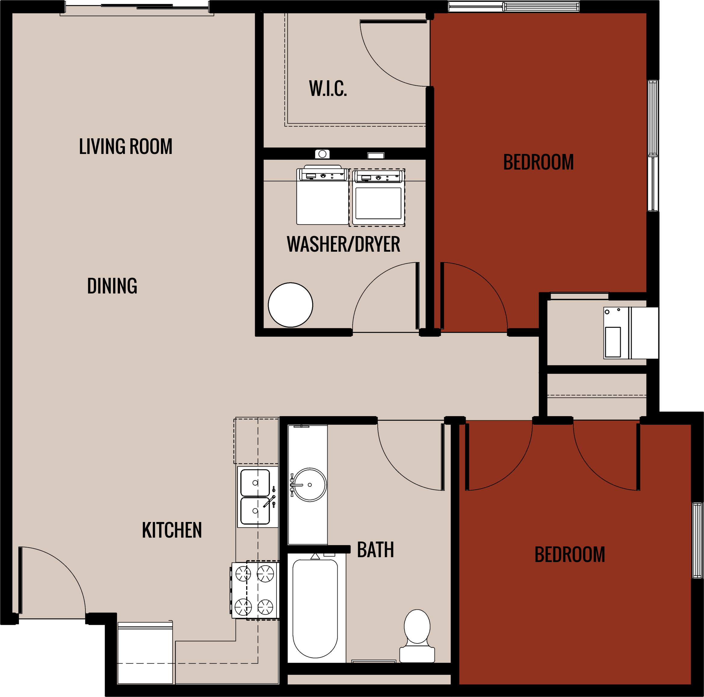2x1 777-883 square foot floor plan at River Flats Apartments in Janesville, WI