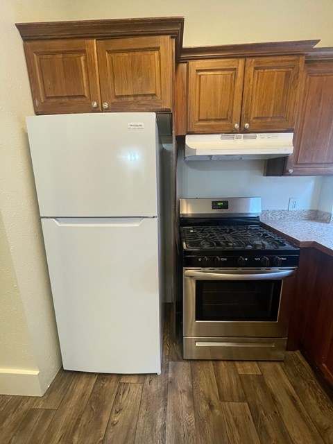 A white fridge and stove in a kitchen.
