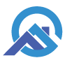 A blue and purple abstract logo with a mountain-like design.