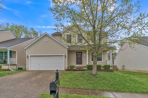 a house with a driveway and a tree in front of it