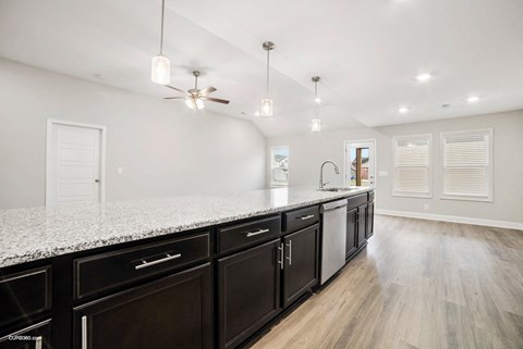 a kitchen with a counter top and a sink