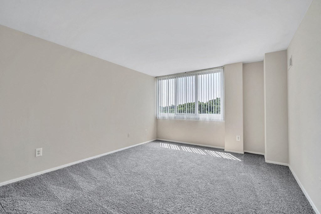 the living room of an apartment with carpet and a window