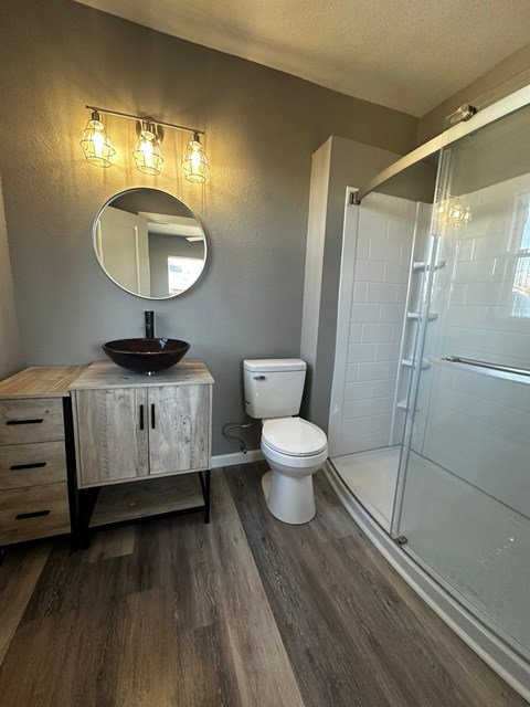 a bathroom with a toilet and a sink and a shower