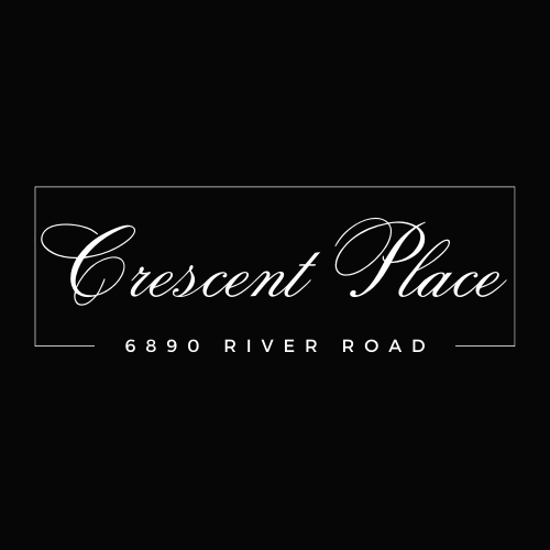 A logo with cursive font that says Crescent Place and 6890 River Road.