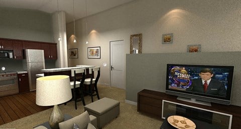 a rendering of a living room with a tv and a kitchen