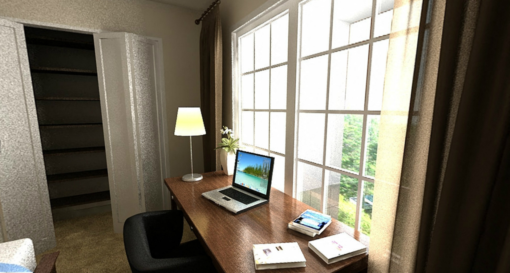 a laptop computer sitting on a desk in front of a window