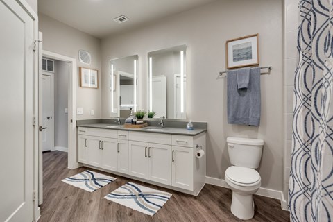 a bathroom with a toilet sink and mirrors