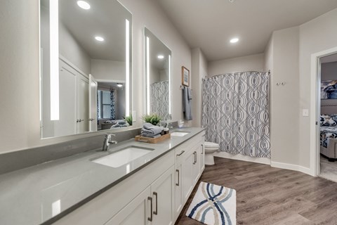 a bathroom with a large mirror and a sink