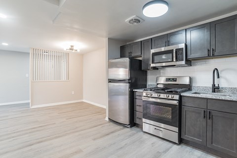 A kitchen with a stove, oven, and microwave.