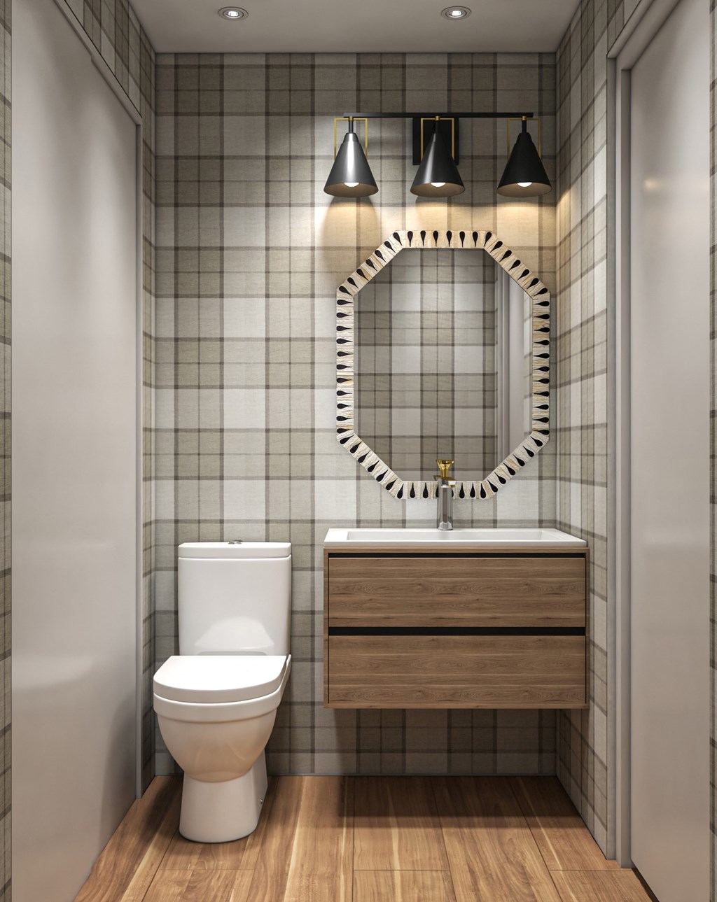 A bathroom with a toilet, sink and mirror.