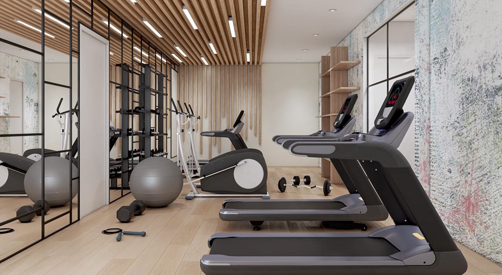 a gym with treadmills and other exercise equipment