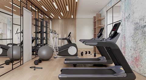 a gym with treadmills and other exercise equipment