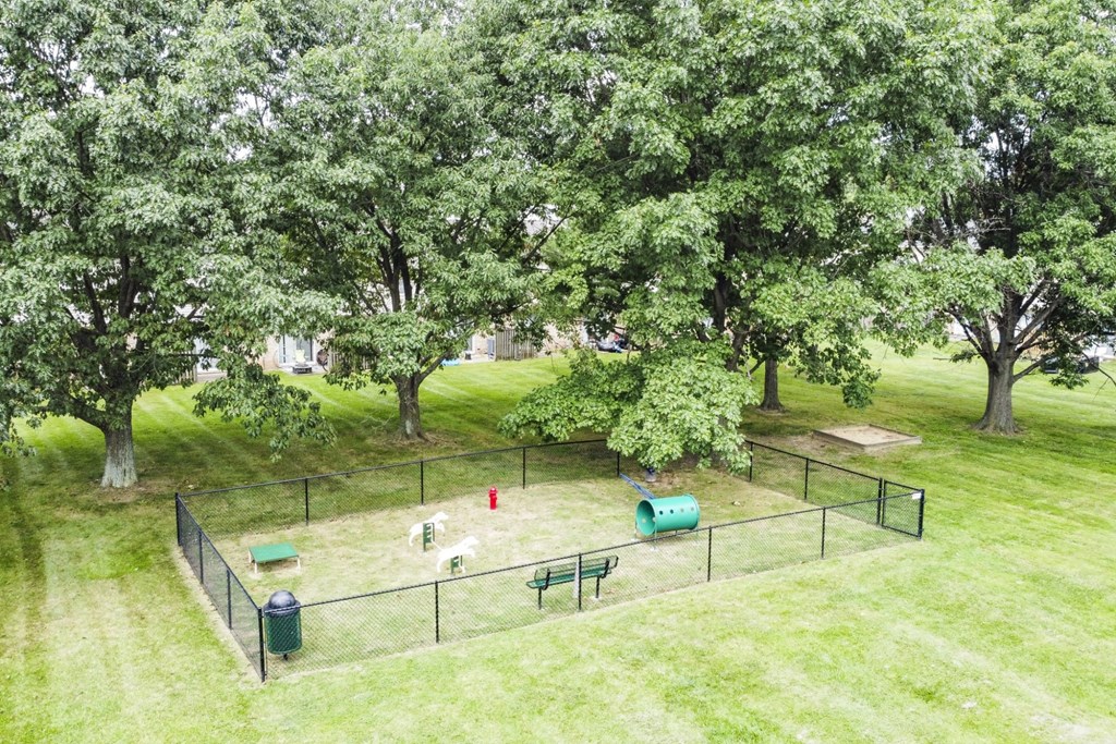 A green lawn with a fence and a red object in the middle.
