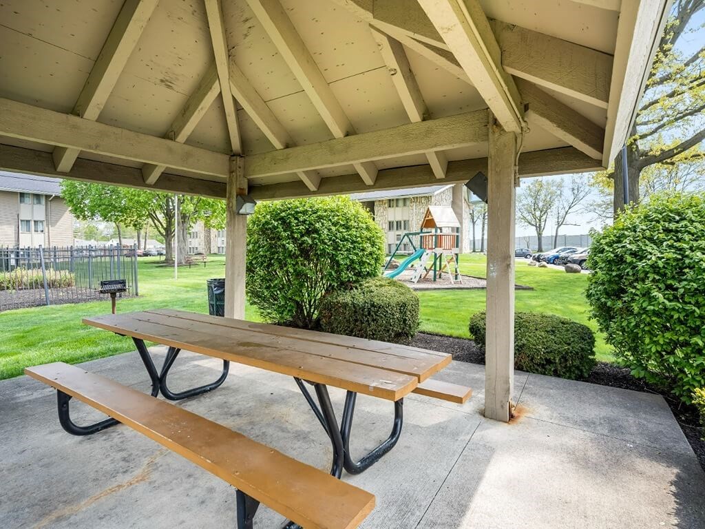 two picnic benches under a pavilion in a park