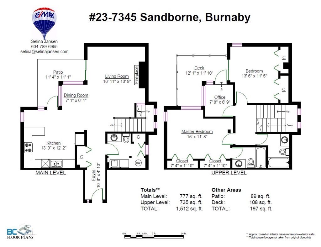A floor plan for a home at #23-7345 Sandborne, Burnaby showing the layout of the rooms on the main and upper level.